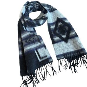 Reversible Long Scarf Blue Black Grey White Patterned Cozy Better Than Cashmere